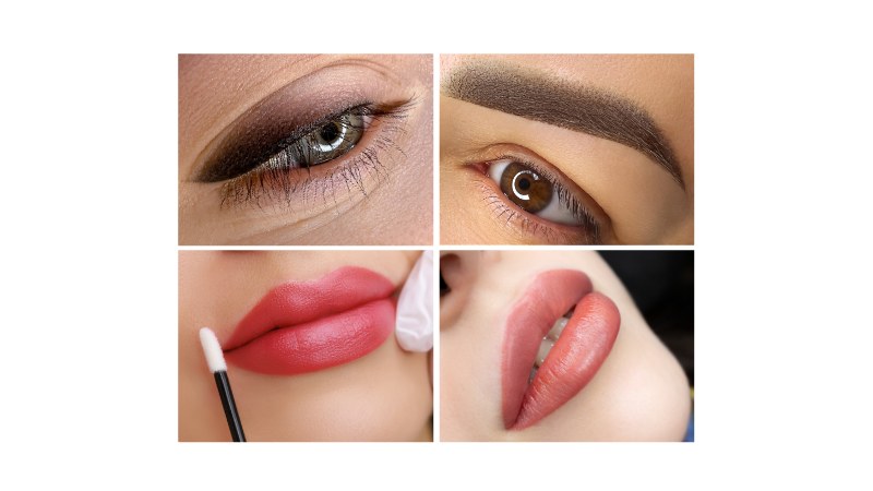 Detail permanentní makeup pudrové obočí, stínované oční linky a detail permanentní makeup rty v nude barvě a přirozené rtové barvě.
